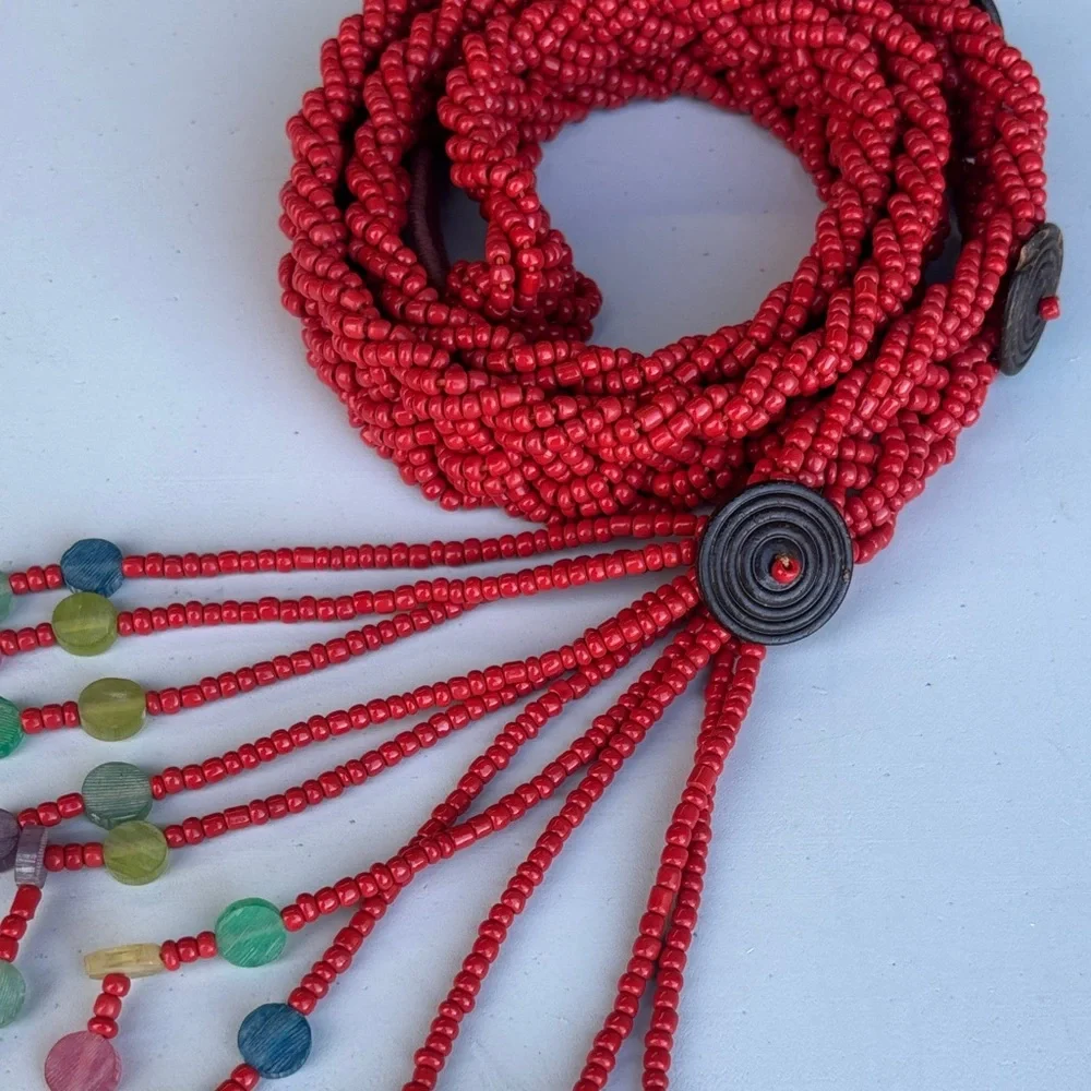 Coral Red Braided Beaded Red Rope Belt